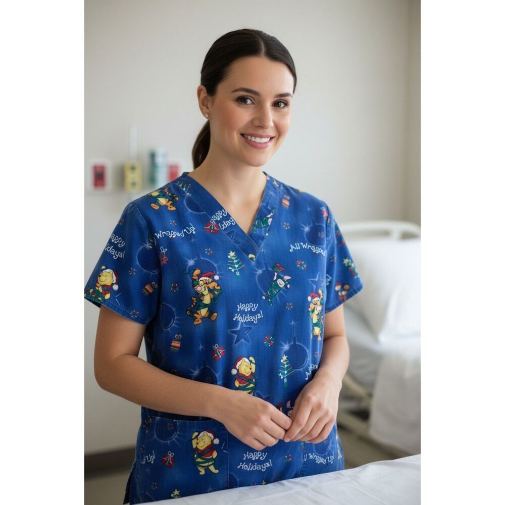 Disney Winnie The Pooh Tigger Christmas Scrub Top Womens V-Neck Pockets Medium